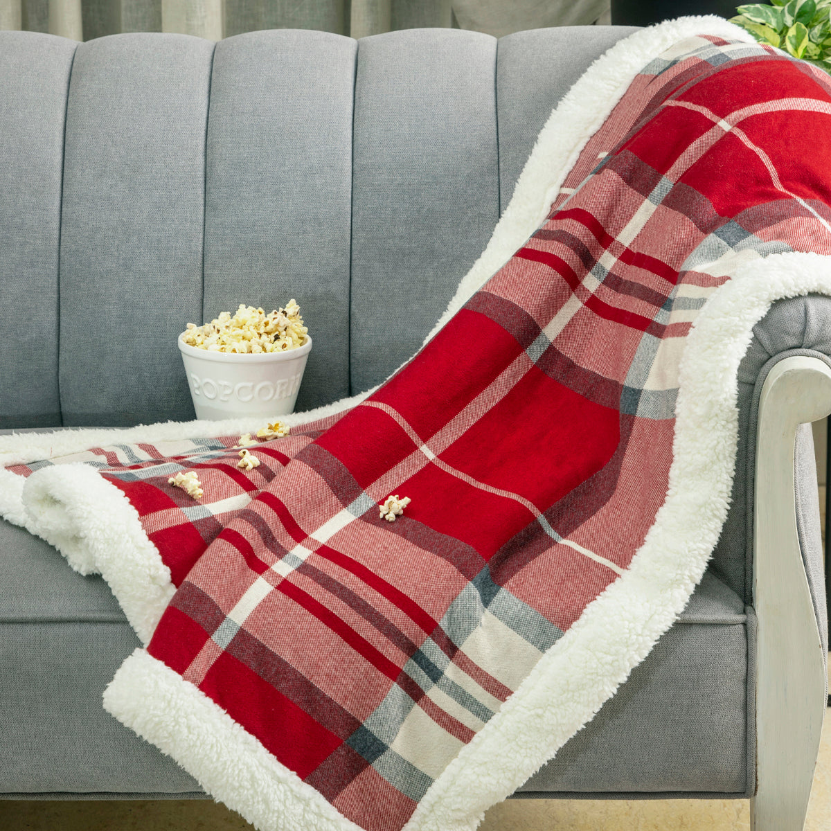 Cotton Knitted Check Design Blanket With Sherpa For Kids