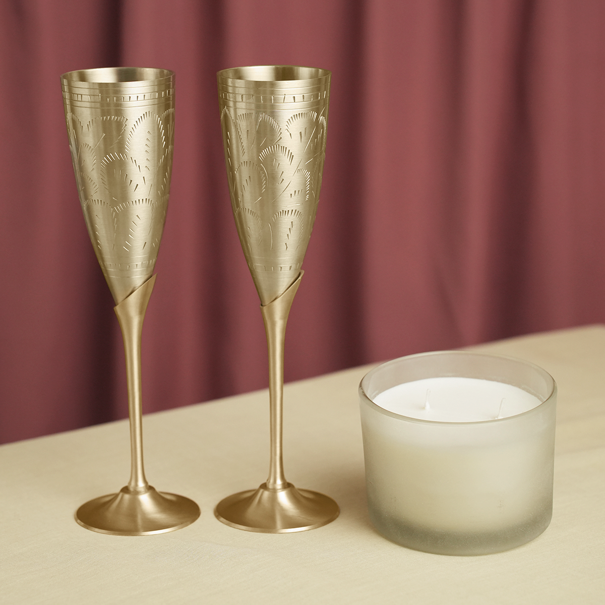 Brass Champagne Flute Glasses & Candle Set | Valentines Gifts for Her