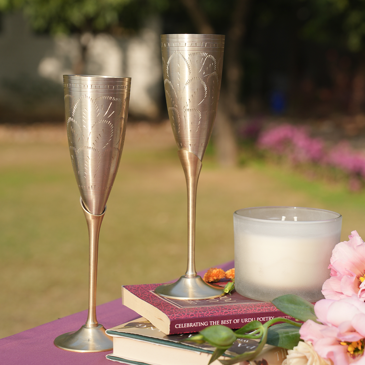 Brass Champagne Flute Glasses & Candle Set | Valentines Gifts for Her