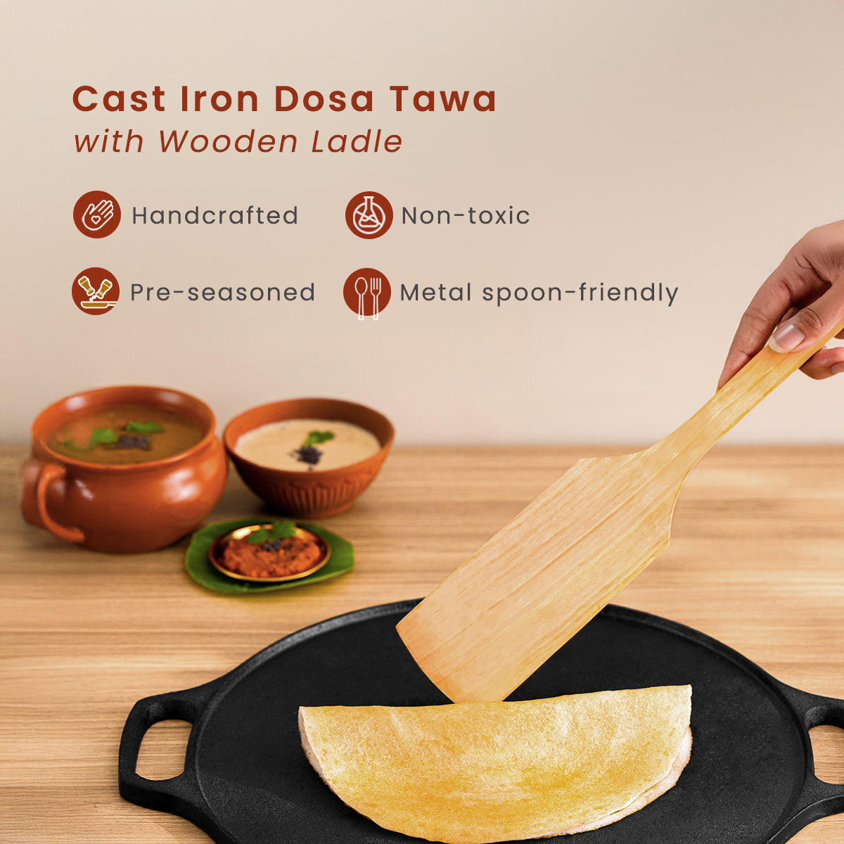 Cast Iron Dosa Tawa with Wooden Ladle | Pre-seasoned | 12 Inches