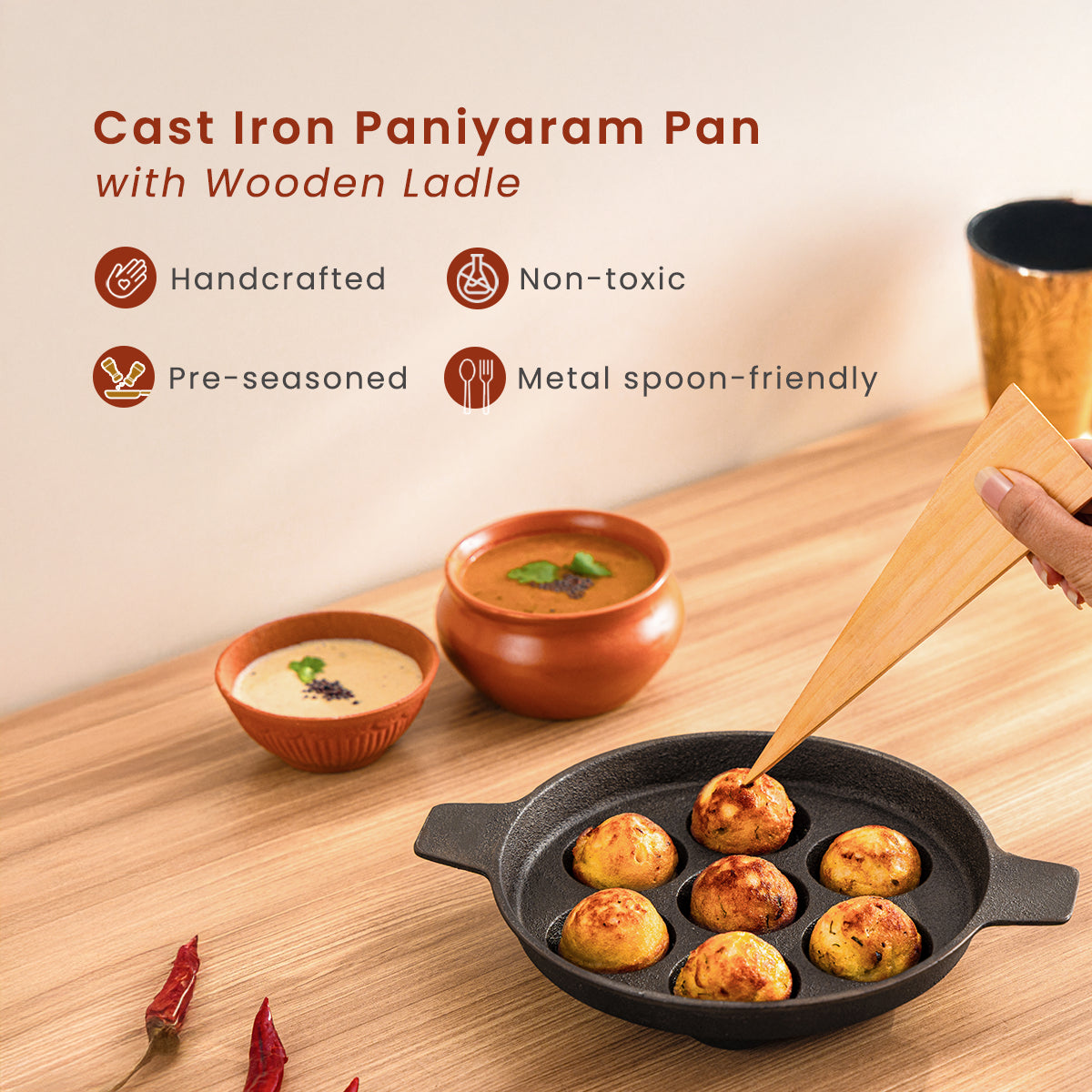 Cast Iron Paniyaram Pan with Wooden Ladle | Pre-seasoned | 7.4 Inches