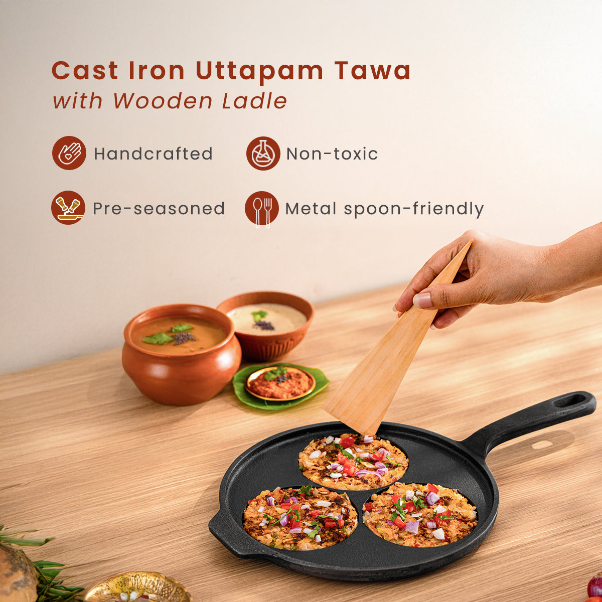 Cast Iron Uttapam Tawa with Wooden Ladle | Pre-seasoned | 10 Inches
