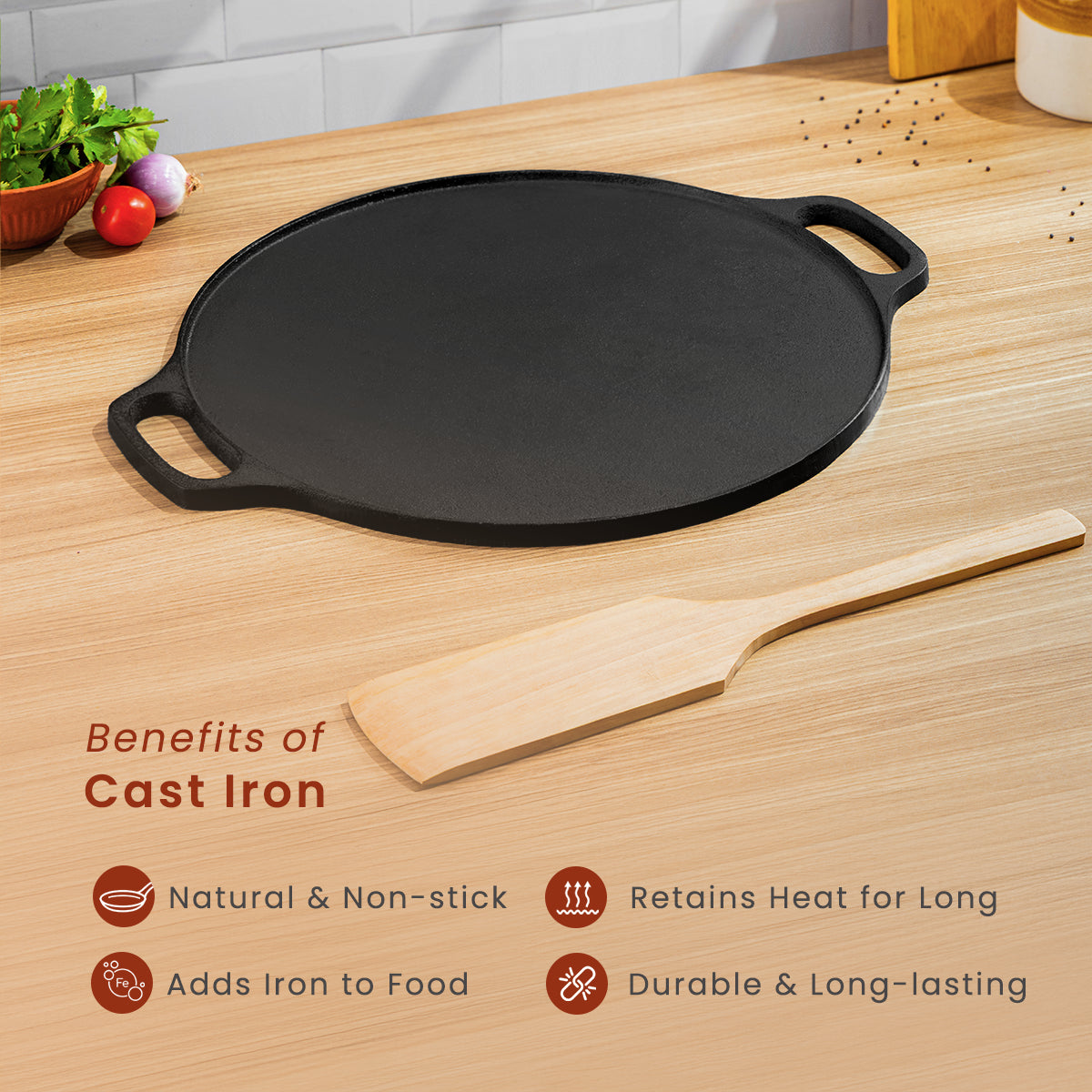 Cast Iron Dosa Tawa with Wooden Ladle | Pre-seasoned | 12 Inches