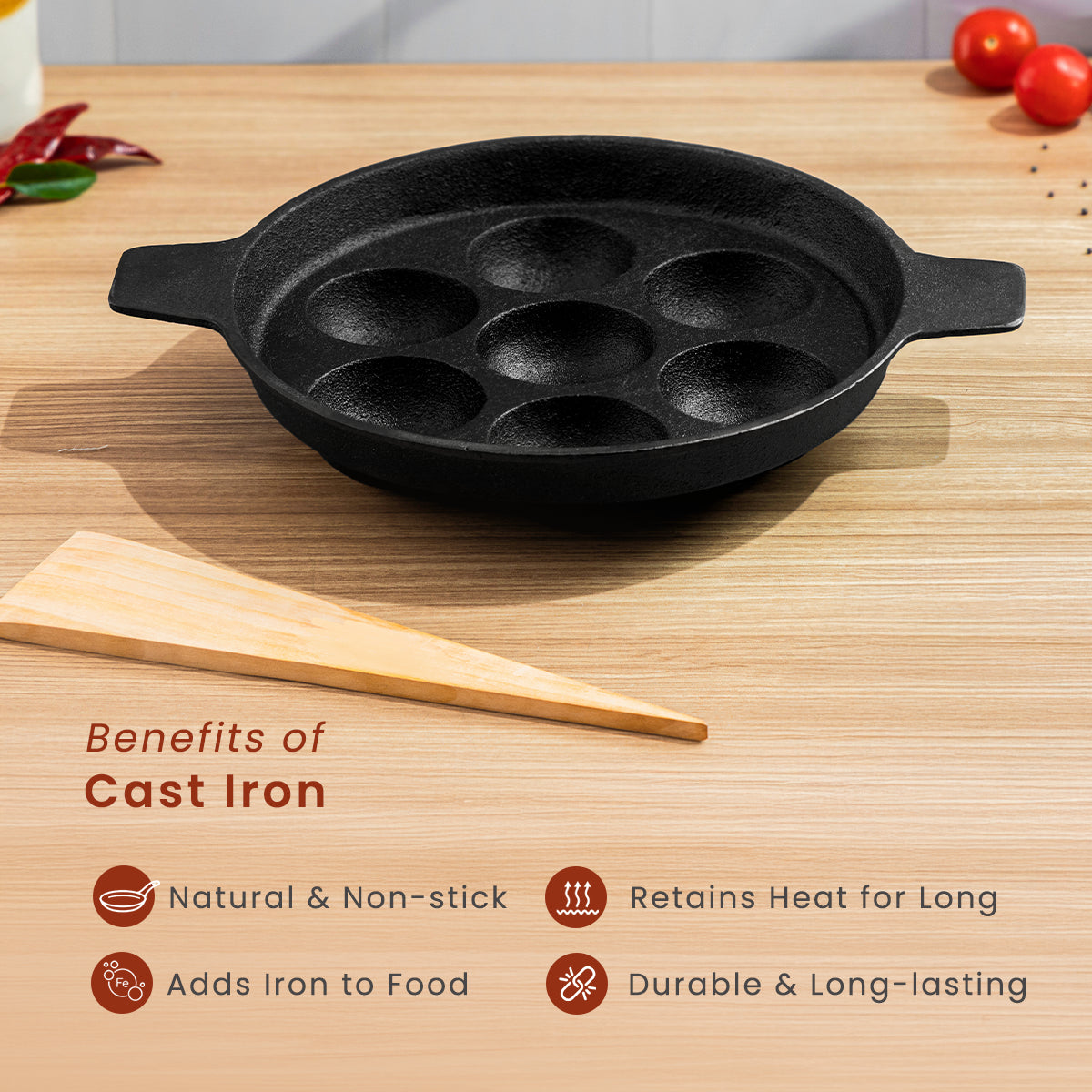 Cast Iron Paniyaram Pan with Wooden Ladle | Pre-seasoned | 7.4 Inches