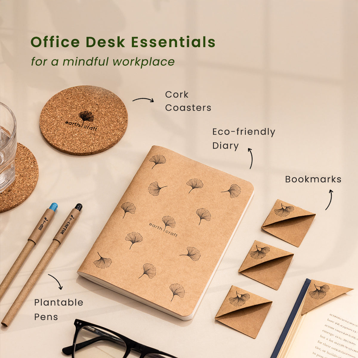 Office Desk Kit | Eco-friendly Diary, Pens, Bookmarks & Cork Coasters