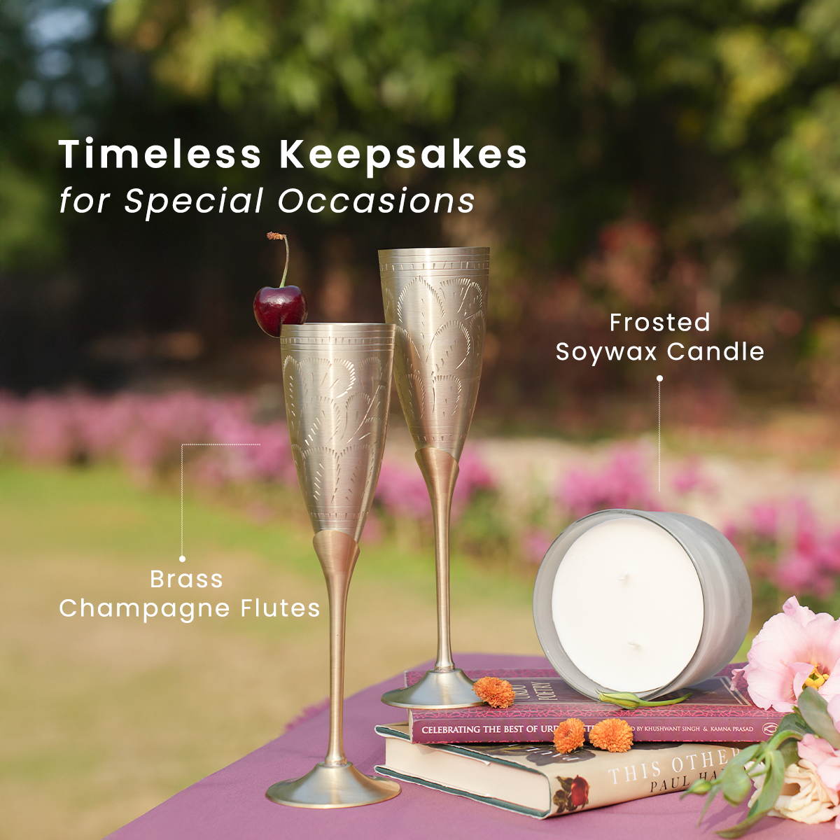 Brass Champagne Flute Glasses & Candle Set | Valentines Gifts for Her