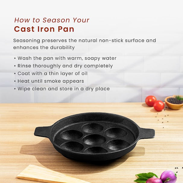 Cast Iron Paniyaram Pan with Wooden Ladle | Pre-seasoned | 7.4 Inches