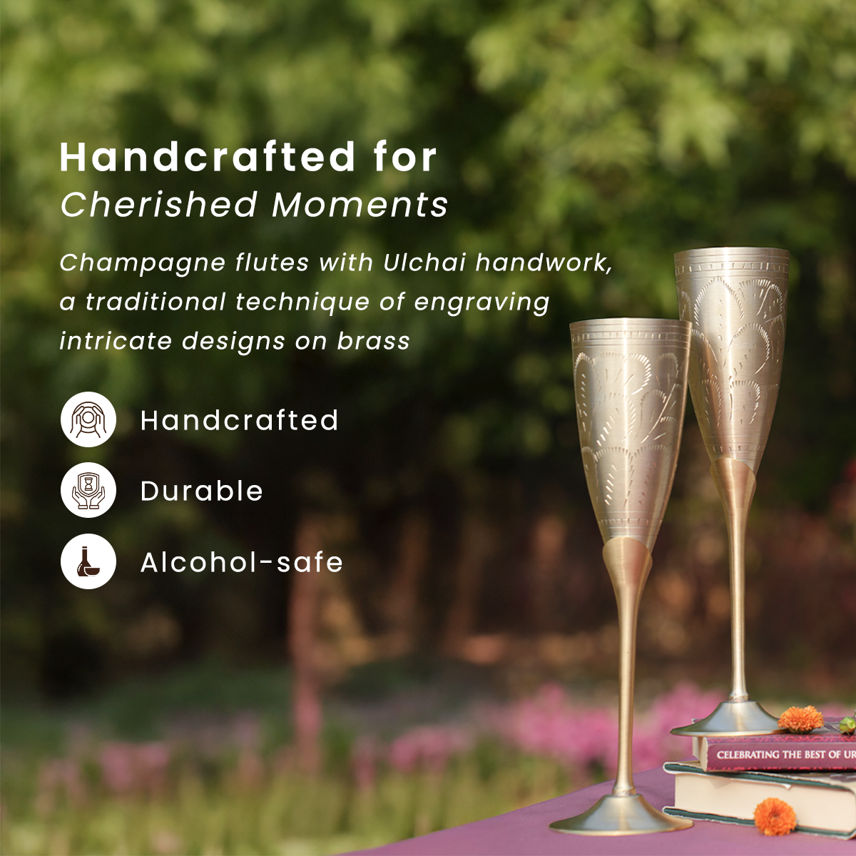 Brass Champagne Flute Glasses & Candle Set | Valentines Gifts for Her