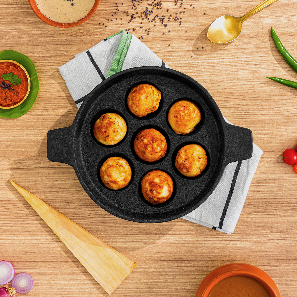 Cast Iron Paniyaram Pan with Wooden Ladle | Pre-seasoned | 7.4 Inches