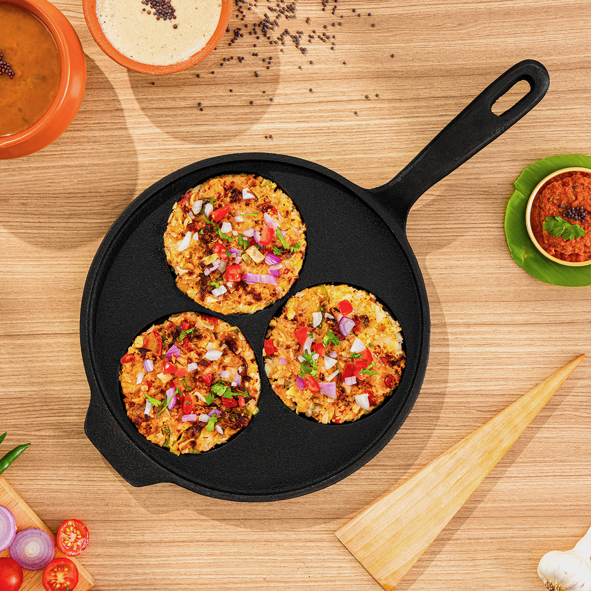 Cast Iron Uttapam Tawa with Wooden Ladle | Pre-seasoned | 10 Inches