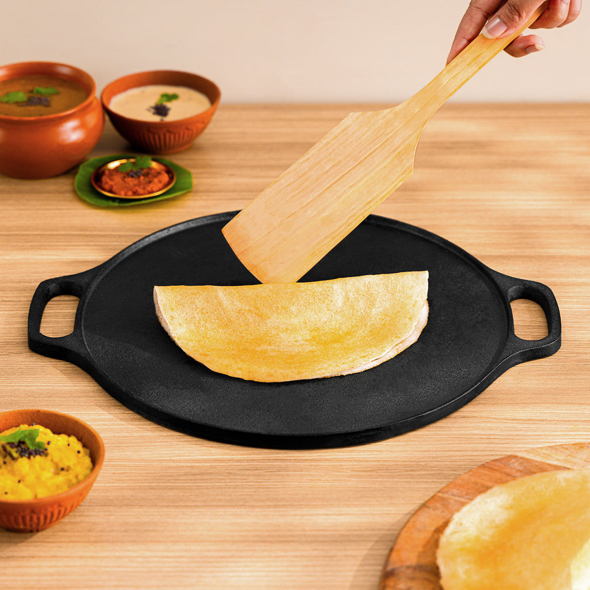 Cast Iron Dosa Tawa with Wooden Ladle | Pre-seasoned | 12 Inches