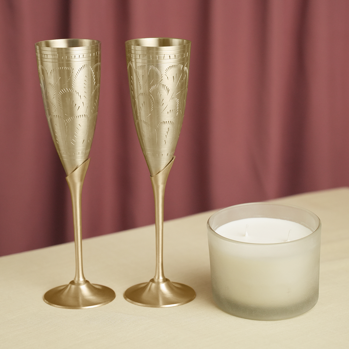 Brass Champagne Flute Glasses & Candle Set | Valentines Gifts for Her