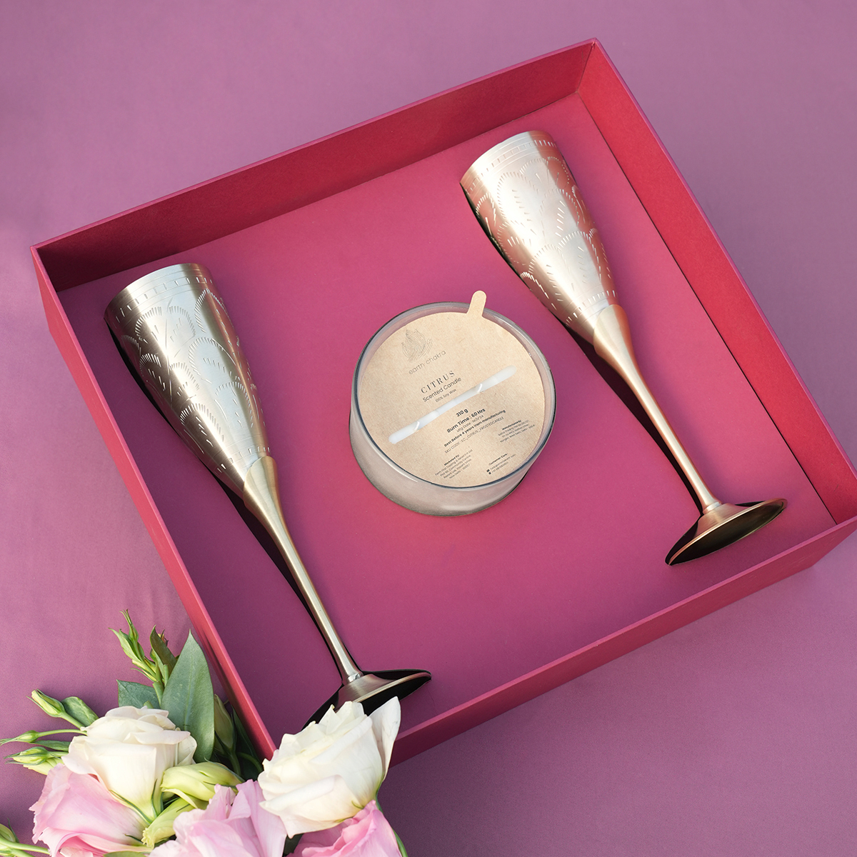 Brass Champagne Flute Glasses & Candle Set | Valentines Gifts for Her