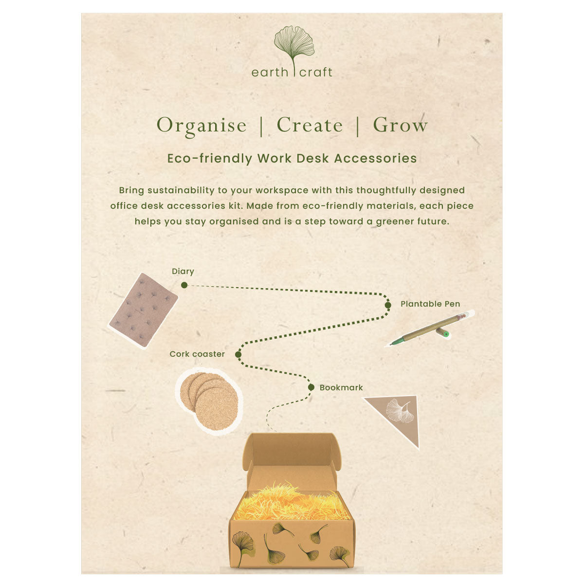 Office Desk Kit | Eco-friendly Diary, Pens, Bookmarks & Cork Coasters