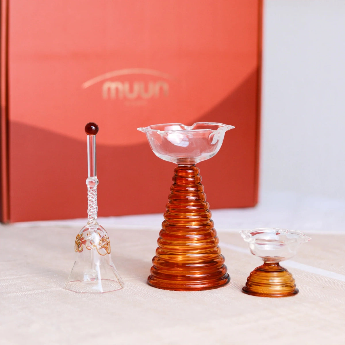 Glass Festive Gift Box - Tall Diya + Short Diya + Bell - Amber