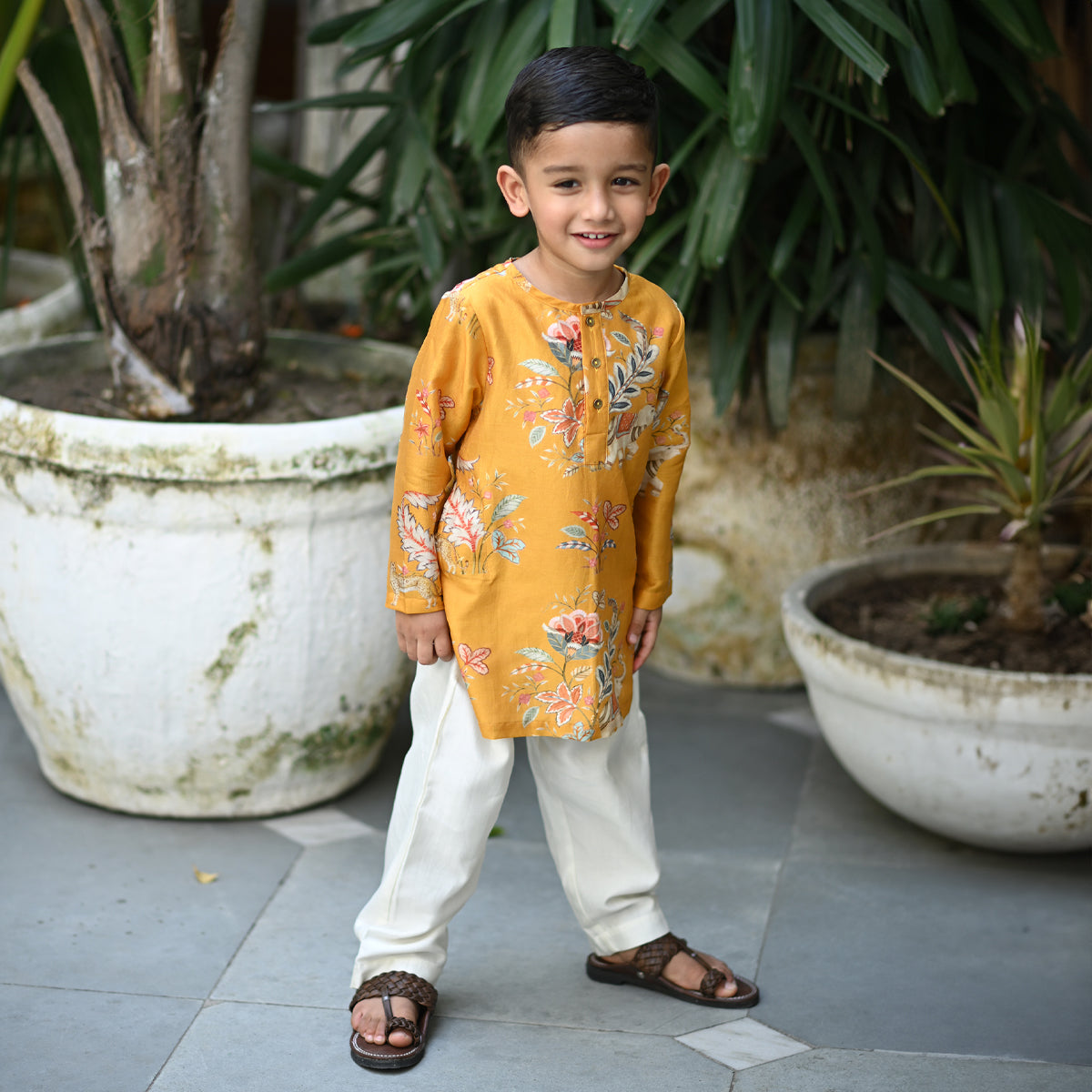 Zorawar Kurta And Pyjama Set-Mustard Jungle Reverie