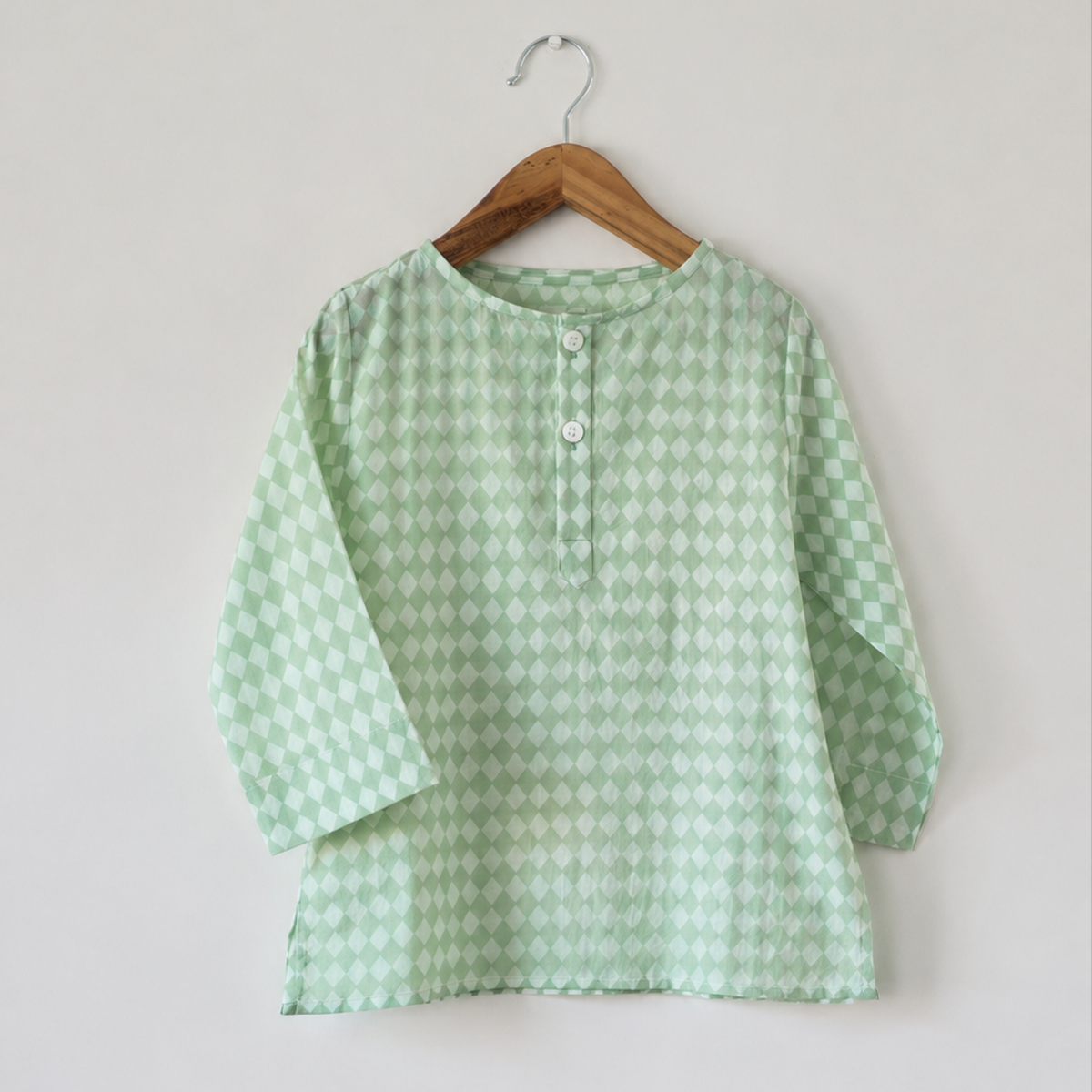 Sleepover Party Kids Unisex Kurta In Sage Green Rhombus