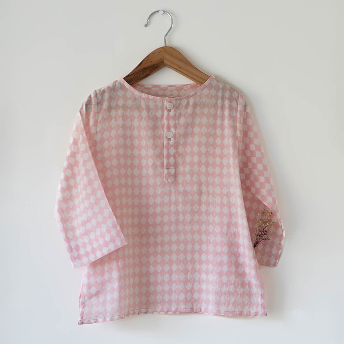 Sleepover Party Kids Unisex Kurta In Blush Pink Rhombus
