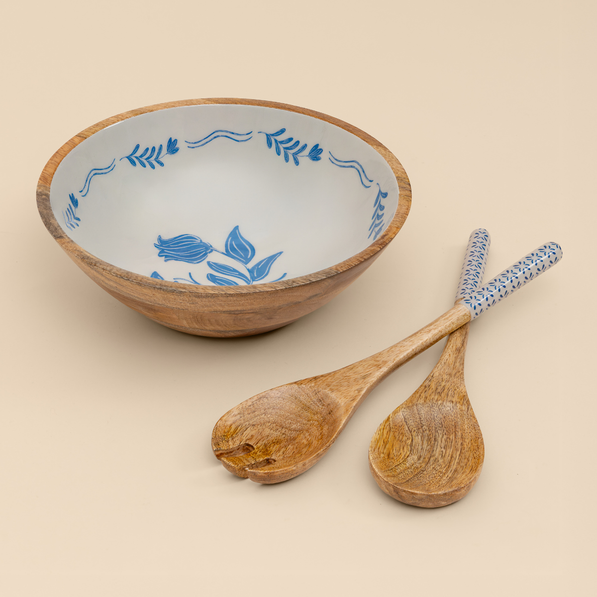 Frosted Wooden Salad Bowl with Servers