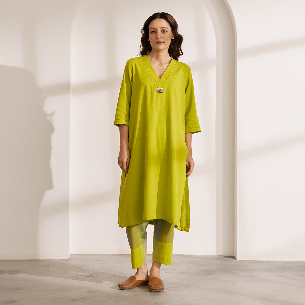 Lime Handwoven Cotton & Check Kurta