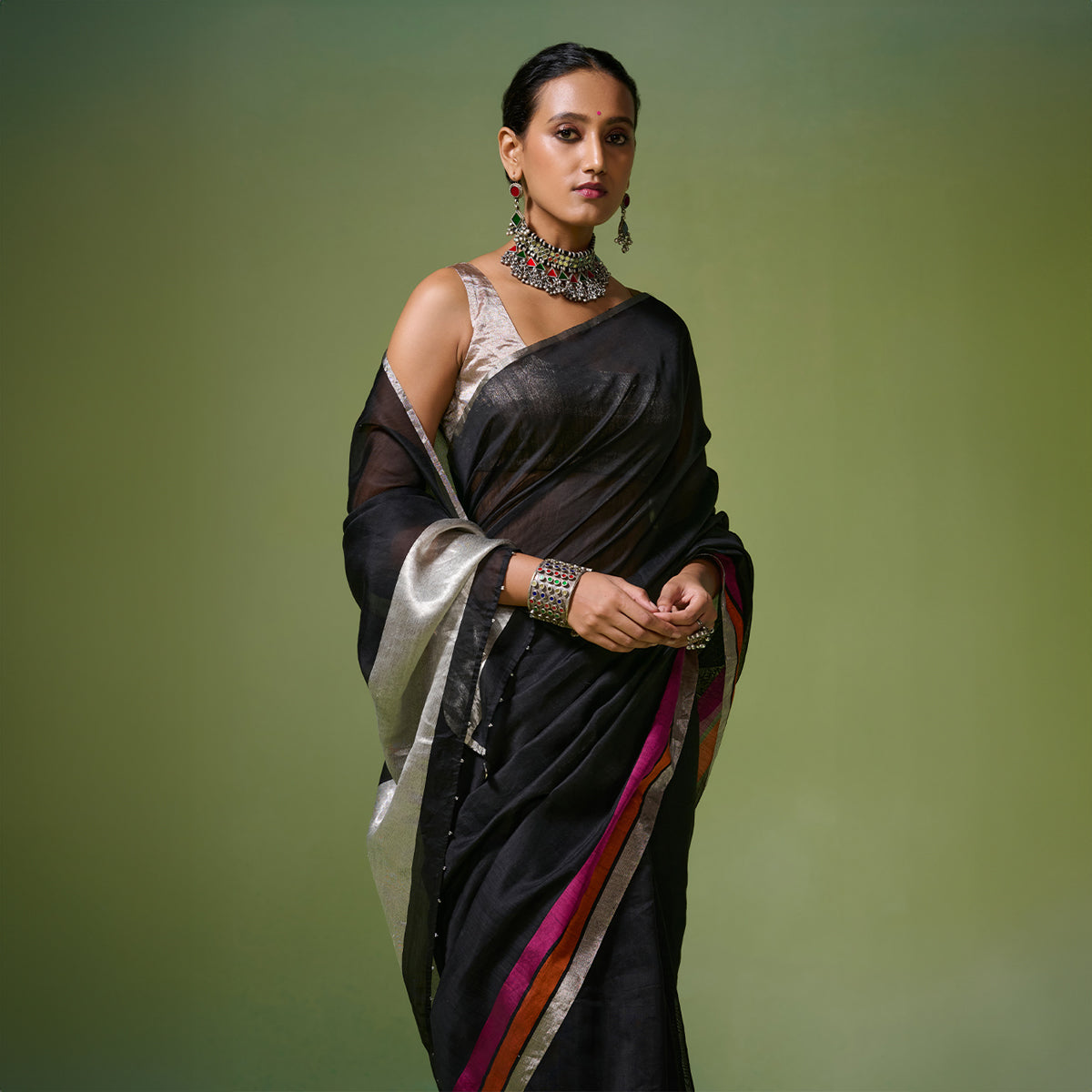 Black Chanderi Saree With Accent Border