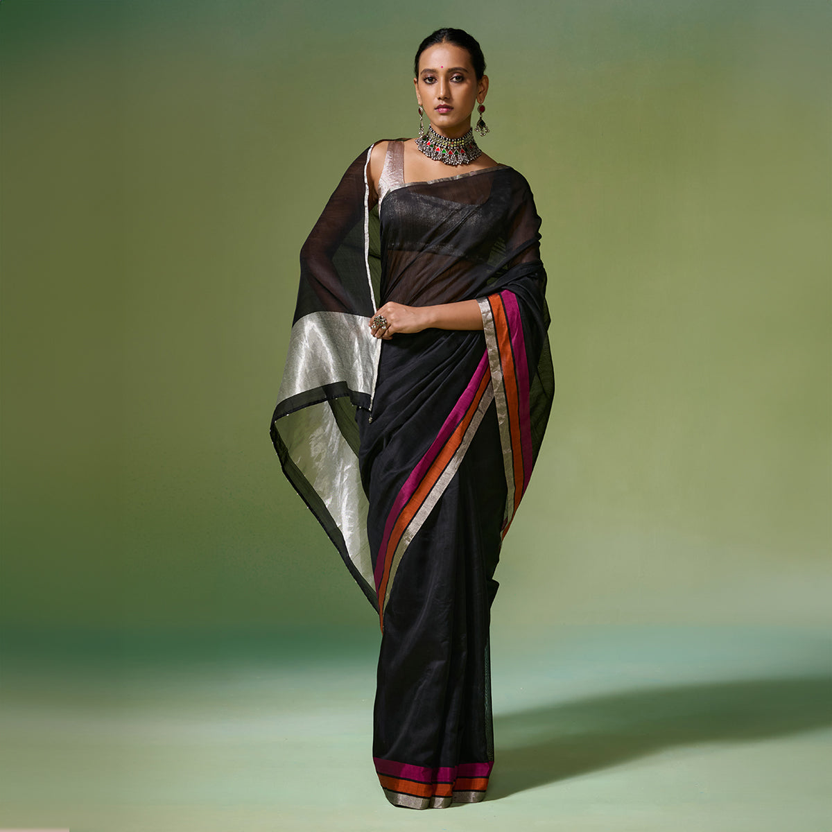 Black Chanderi Saree With Accent Border