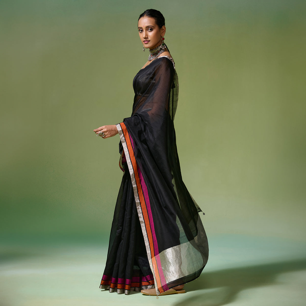 Black Chanderi Saree With Accent Border