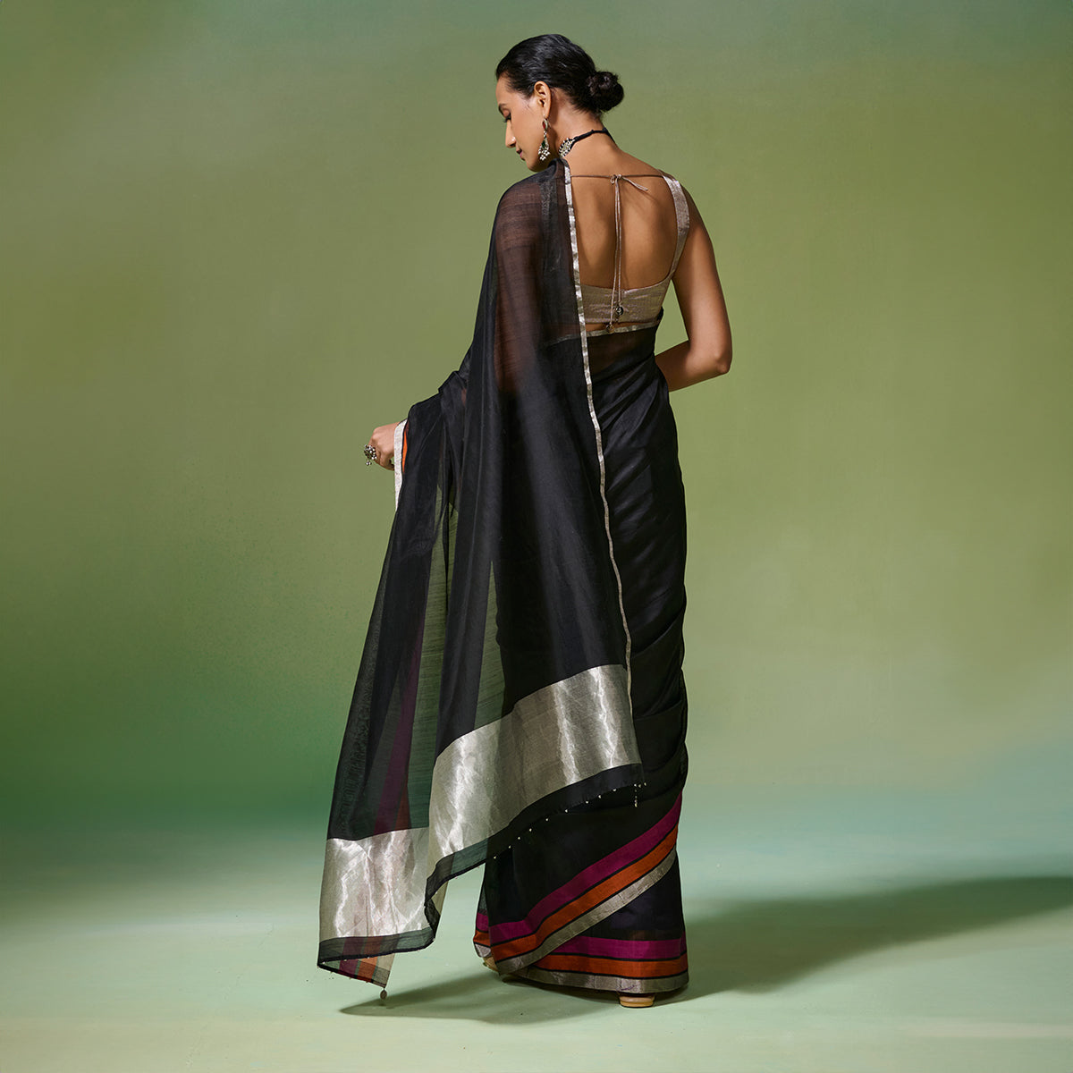 Black Chanderi Saree With Accent Border