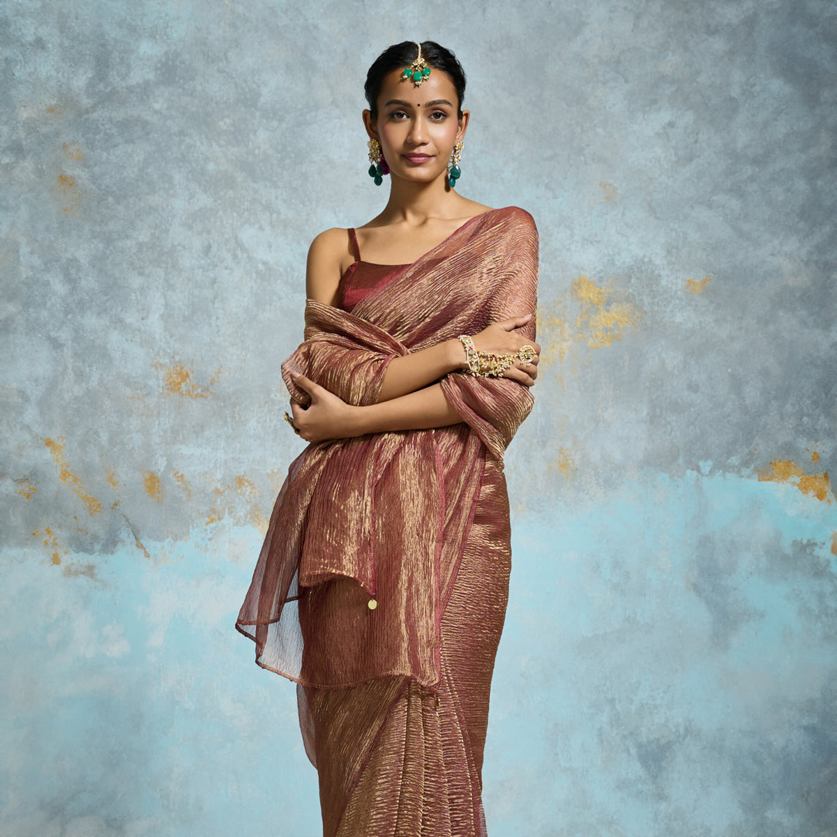 Elegant Maroon-Gold Crinkle Tissue Saree