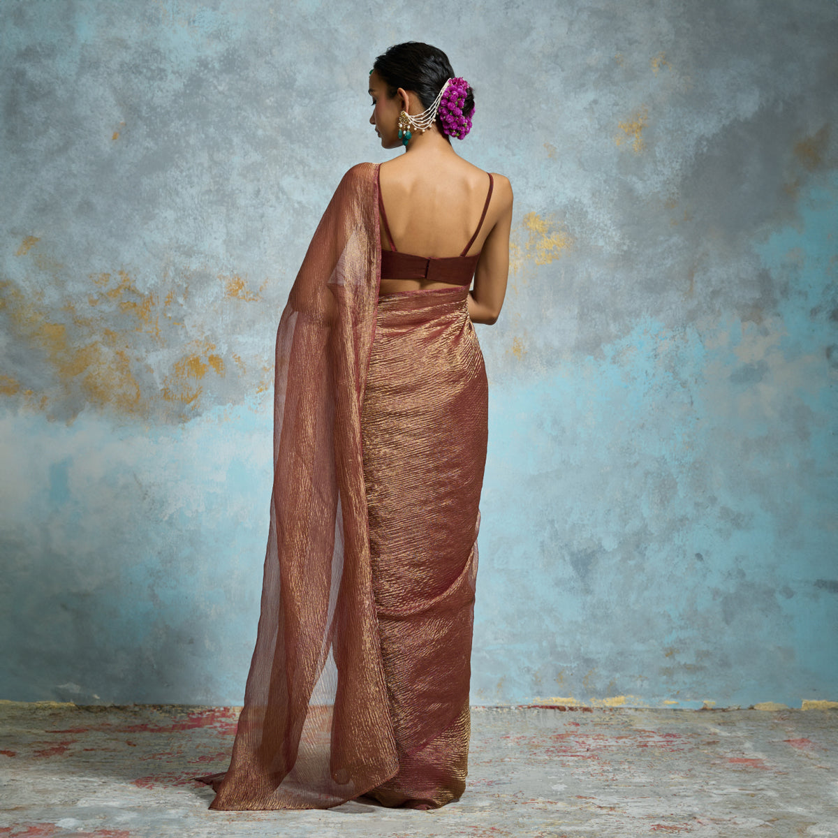 Elegant Maroon-Gold Crinkle Tissue Saree