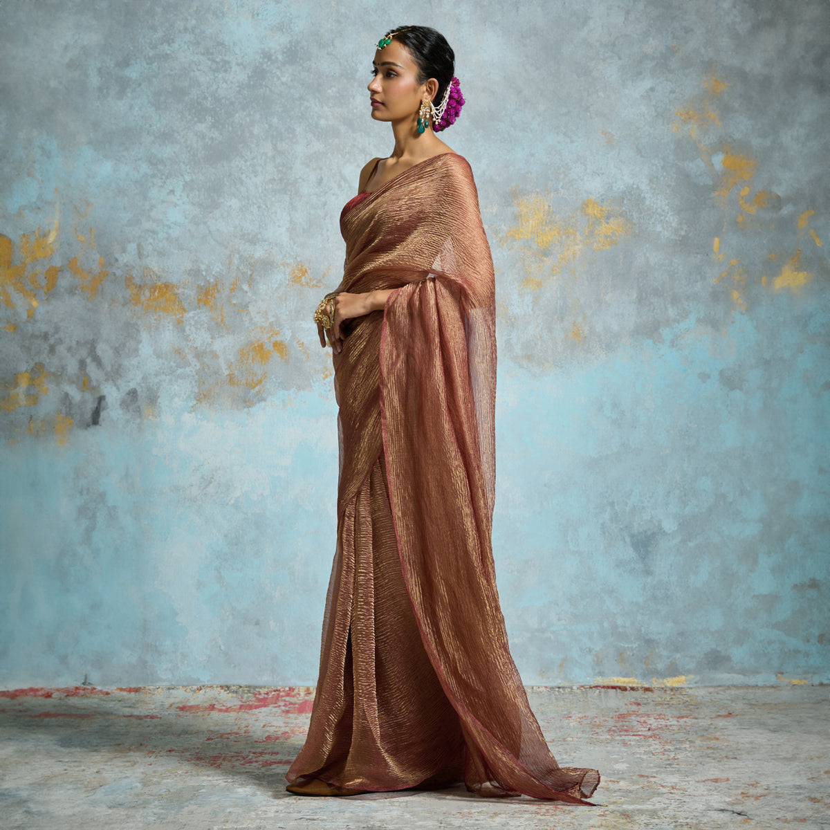 Elegant Maroon-Gold Crinkle Tissue Saree