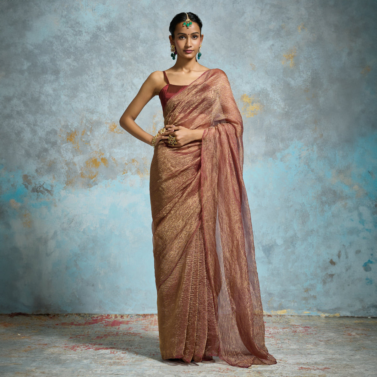 Elegant Maroon-Gold Crinkle Tissue Saree