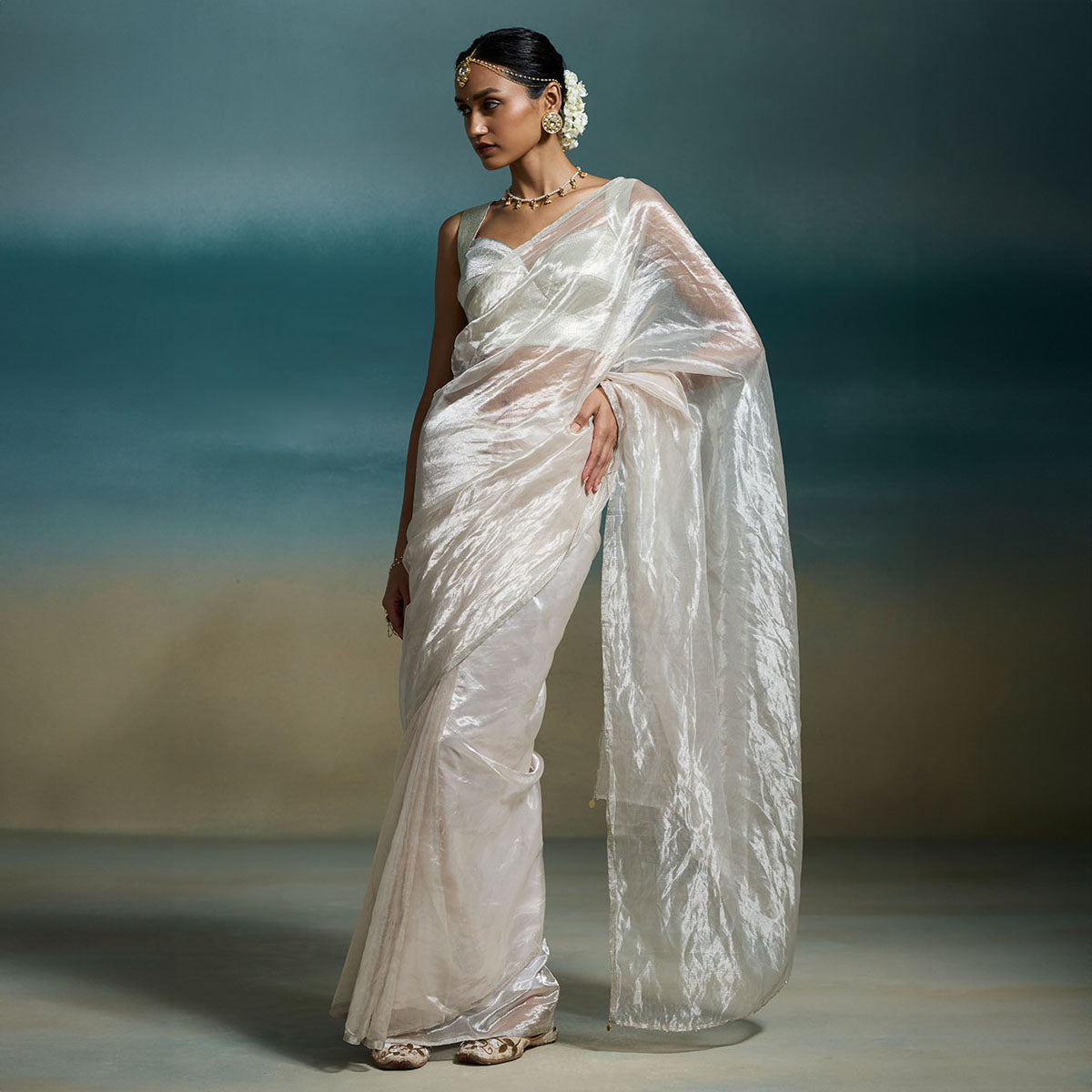 Metallic Silver Tissue Saree