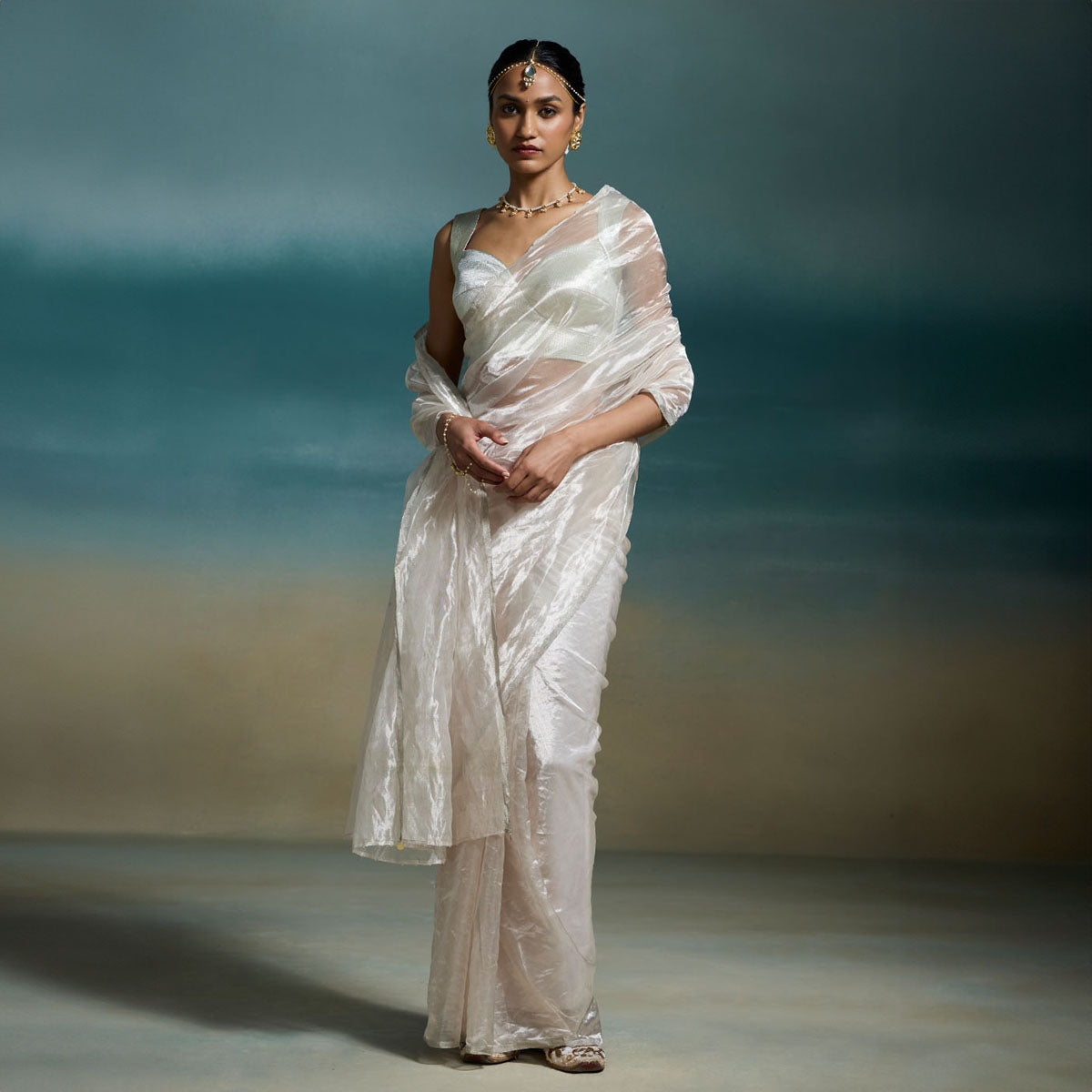 Metallic Silver Tissue Saree