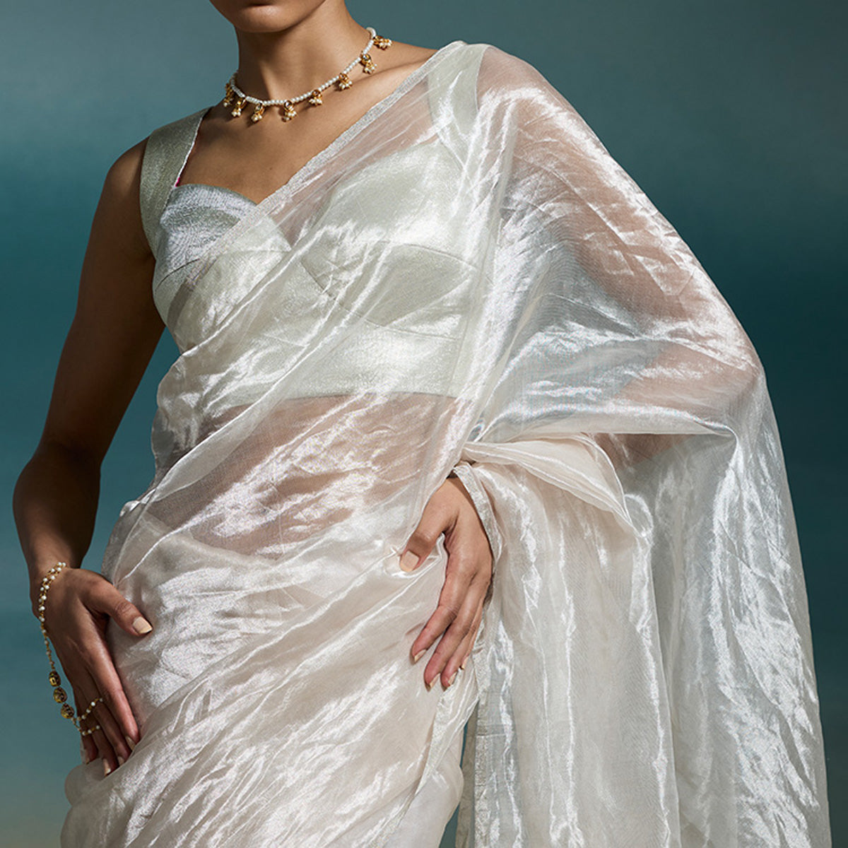 Metallic Silver Tissue Saree