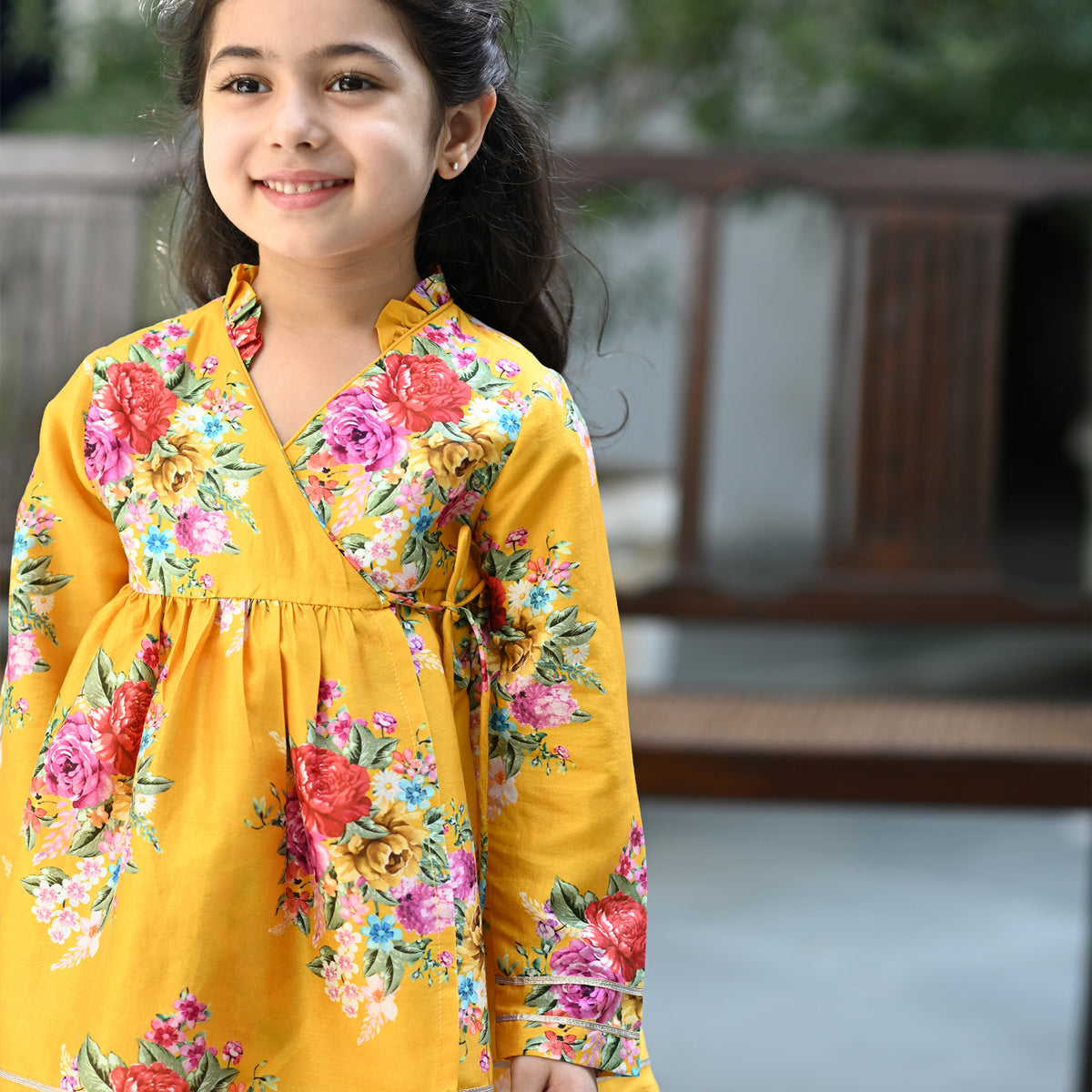 Vedika Angrakha Dhoti Set - Yellow Phool Angan