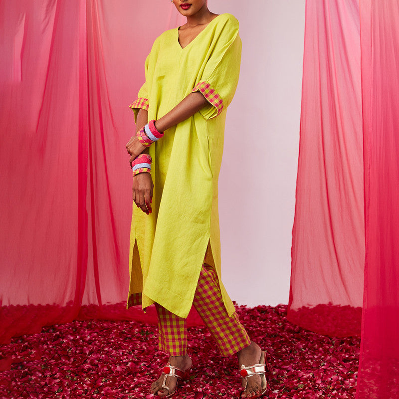 Festive Wear For Women | Linen Kurta Set | Lime Green