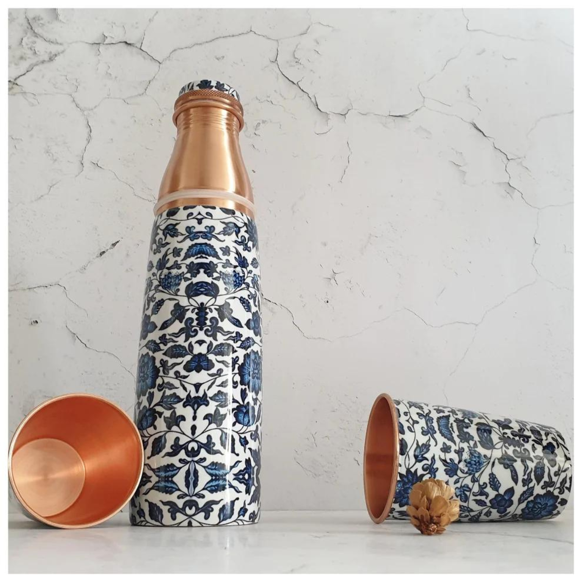 Copper Bottle Set with 2 Glasses, Indigo Blue