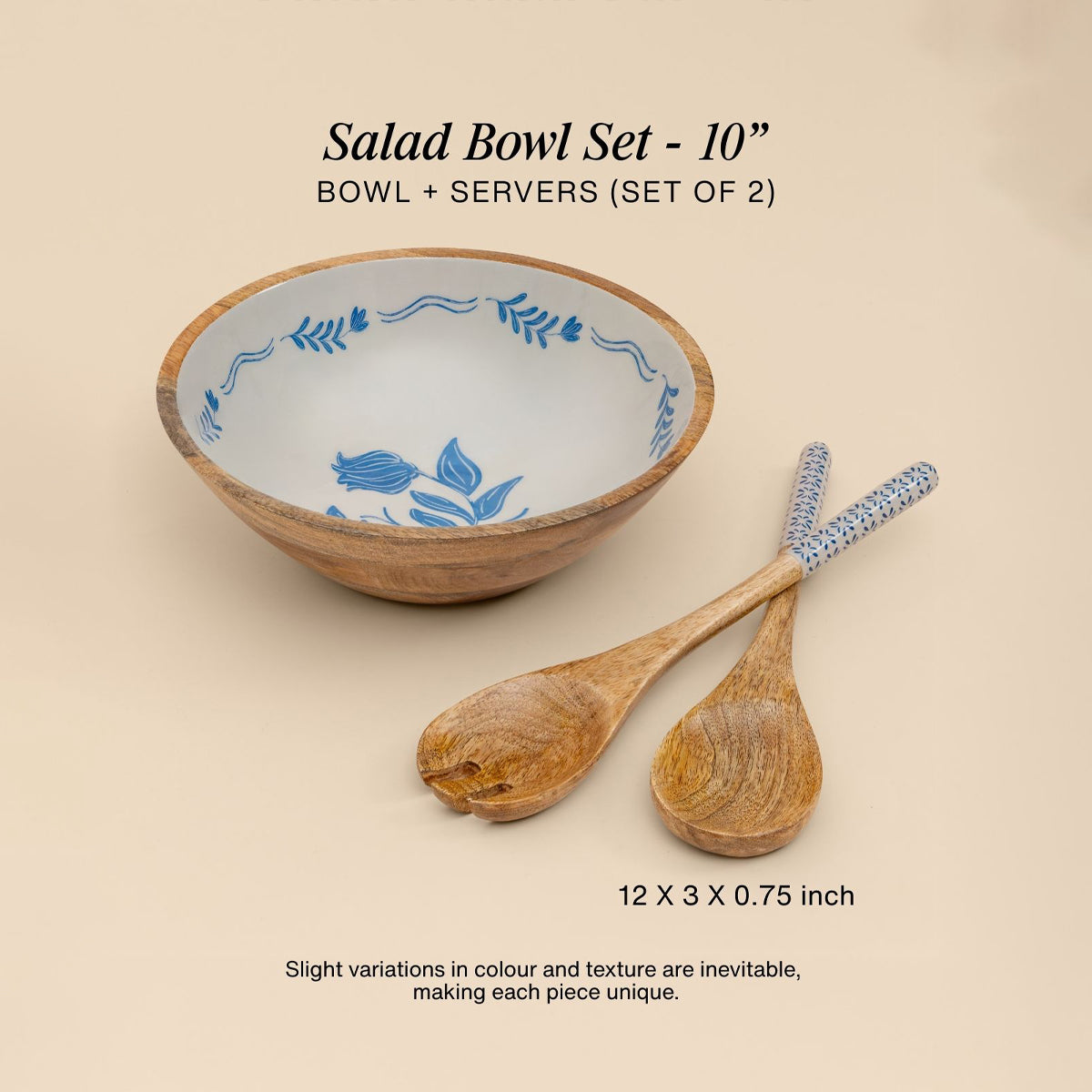 Frosted Wooden Salad Bowl with Servers