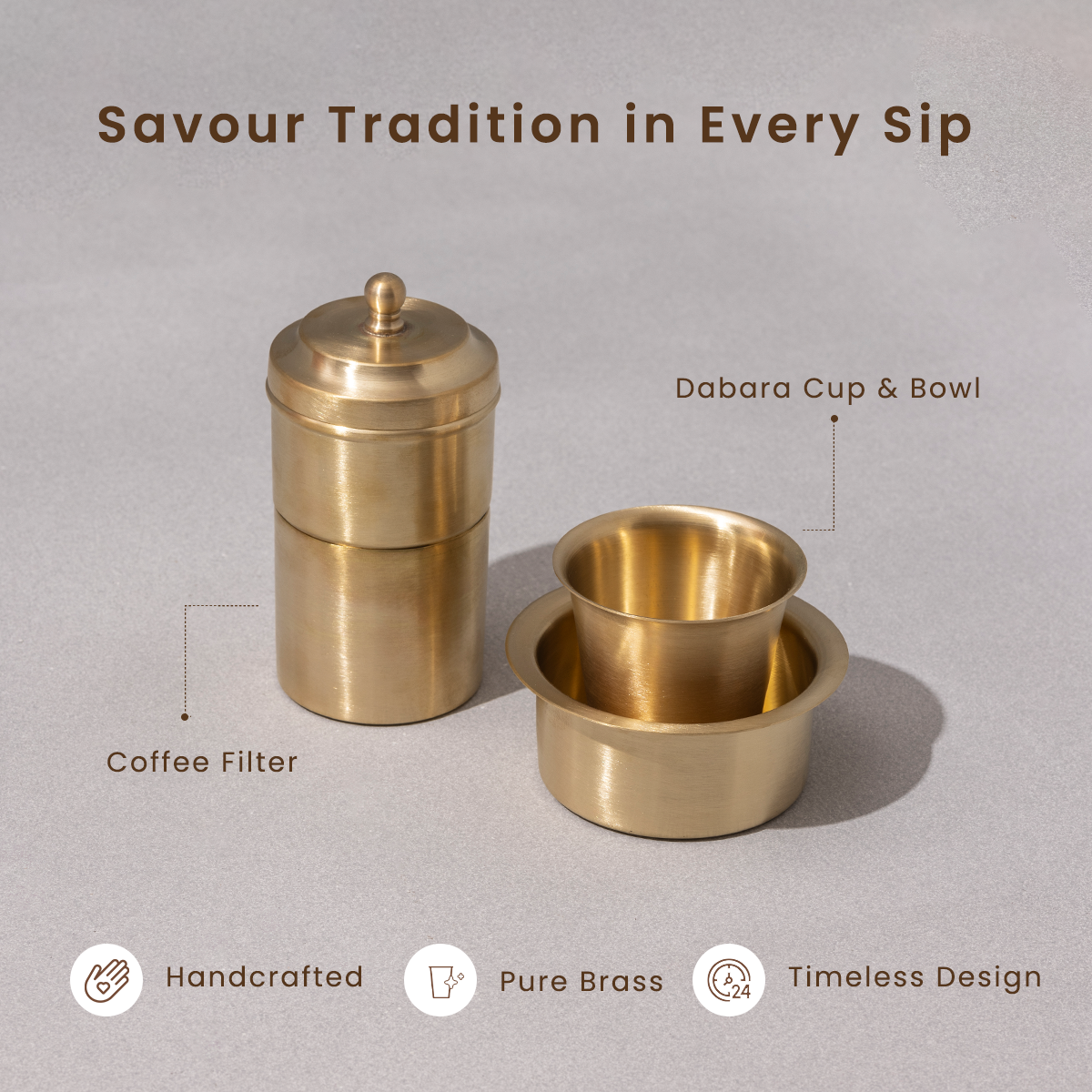 Brass Filter Coffee & Dabara Set | Gold | Set of 3 | Gift Box