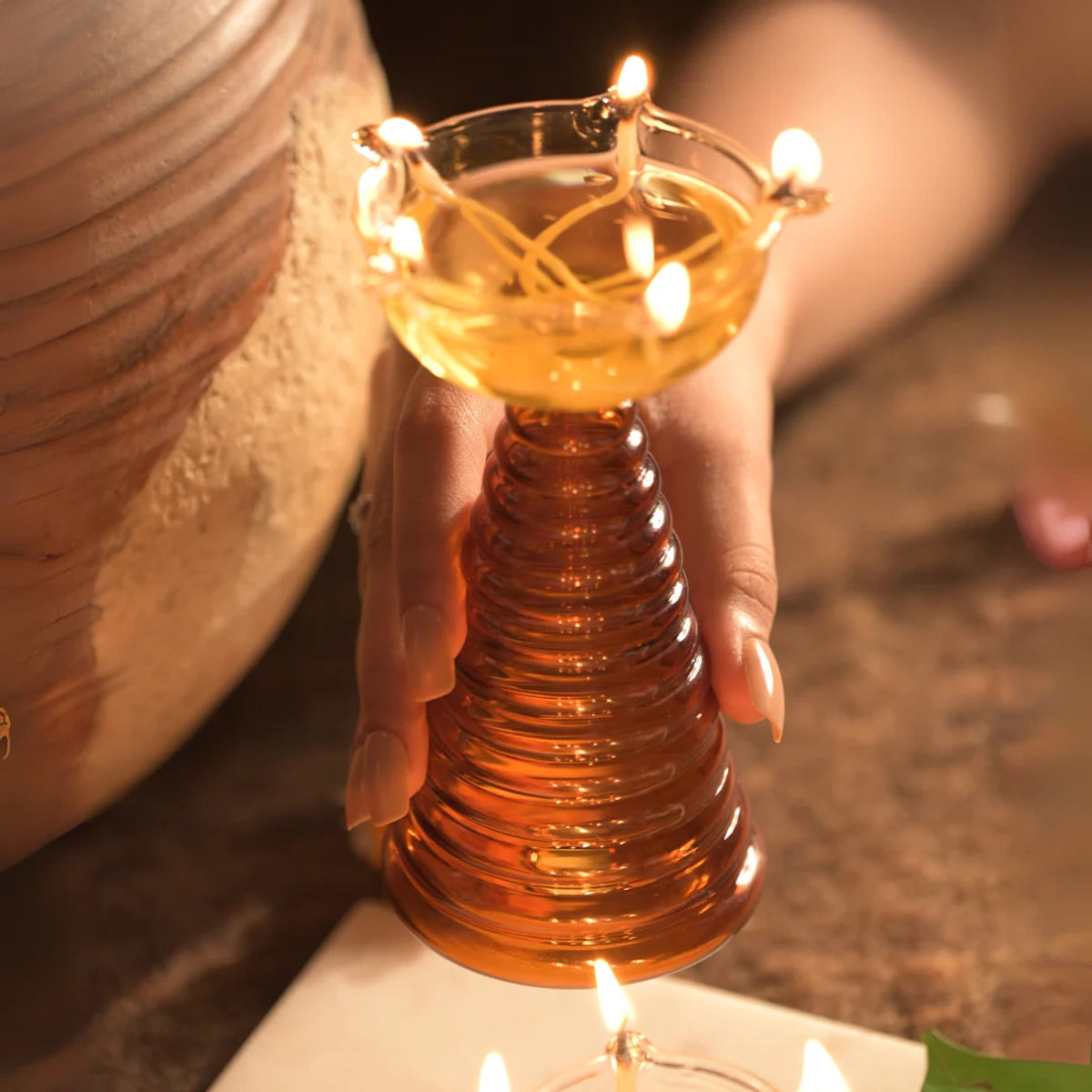 Tall Glass Diya Amber