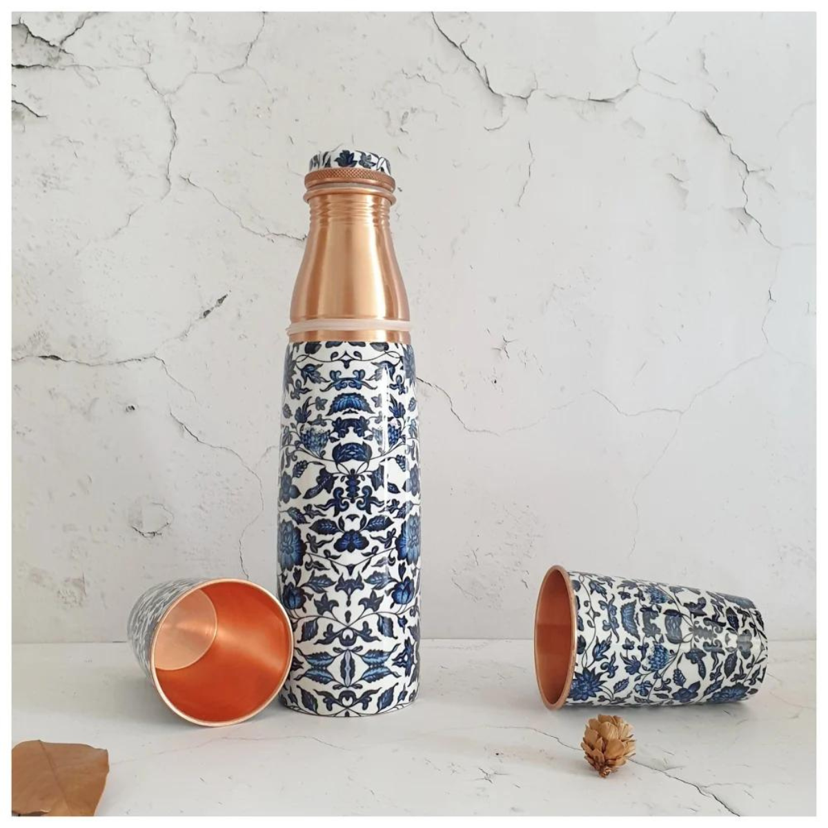 Copper Bottle Set with 2 Glasses, Indigo Blue
