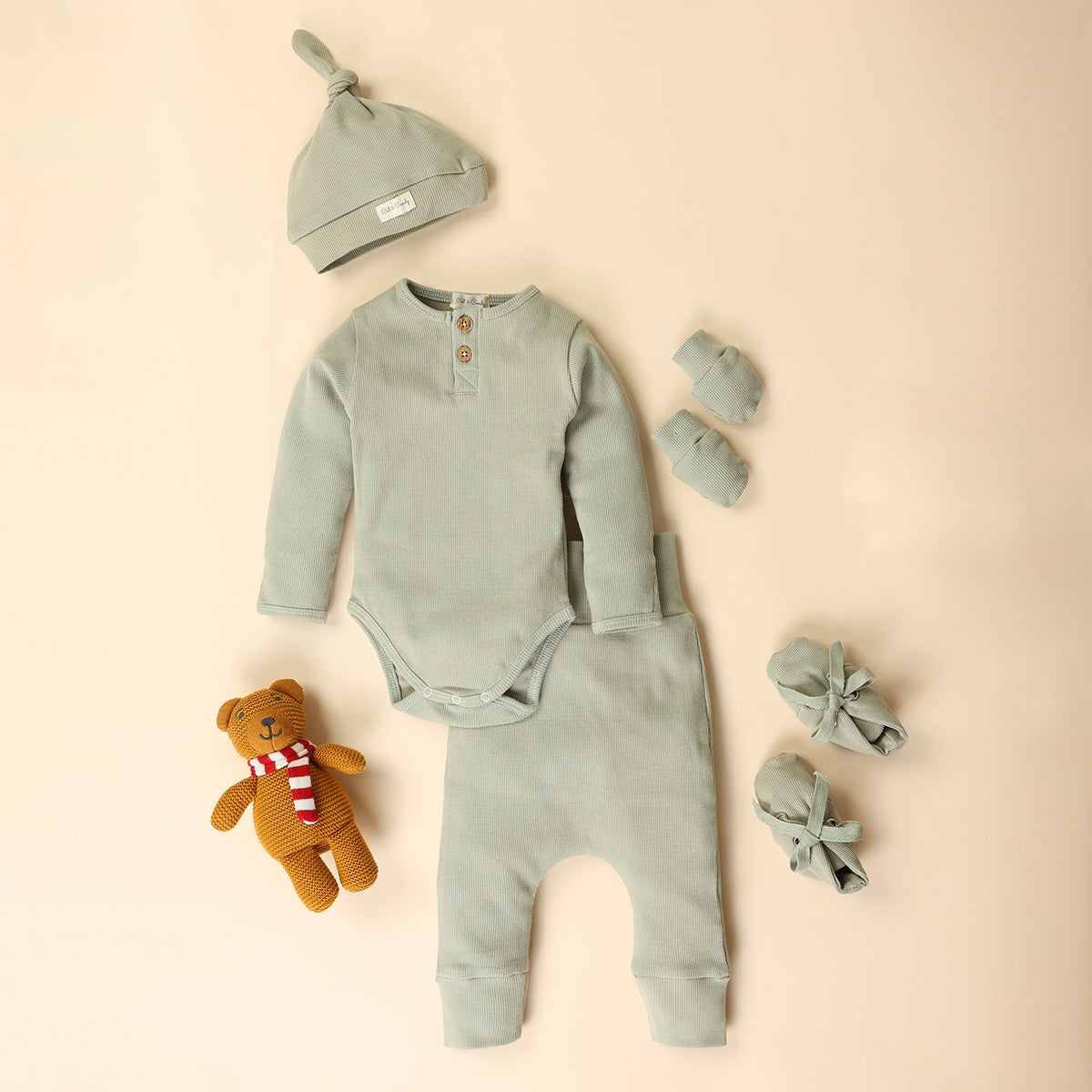 Organic Cotton Baby Clothes Set | Bodysuit with Pants | Mittens & Booties | Headband | Sage Green