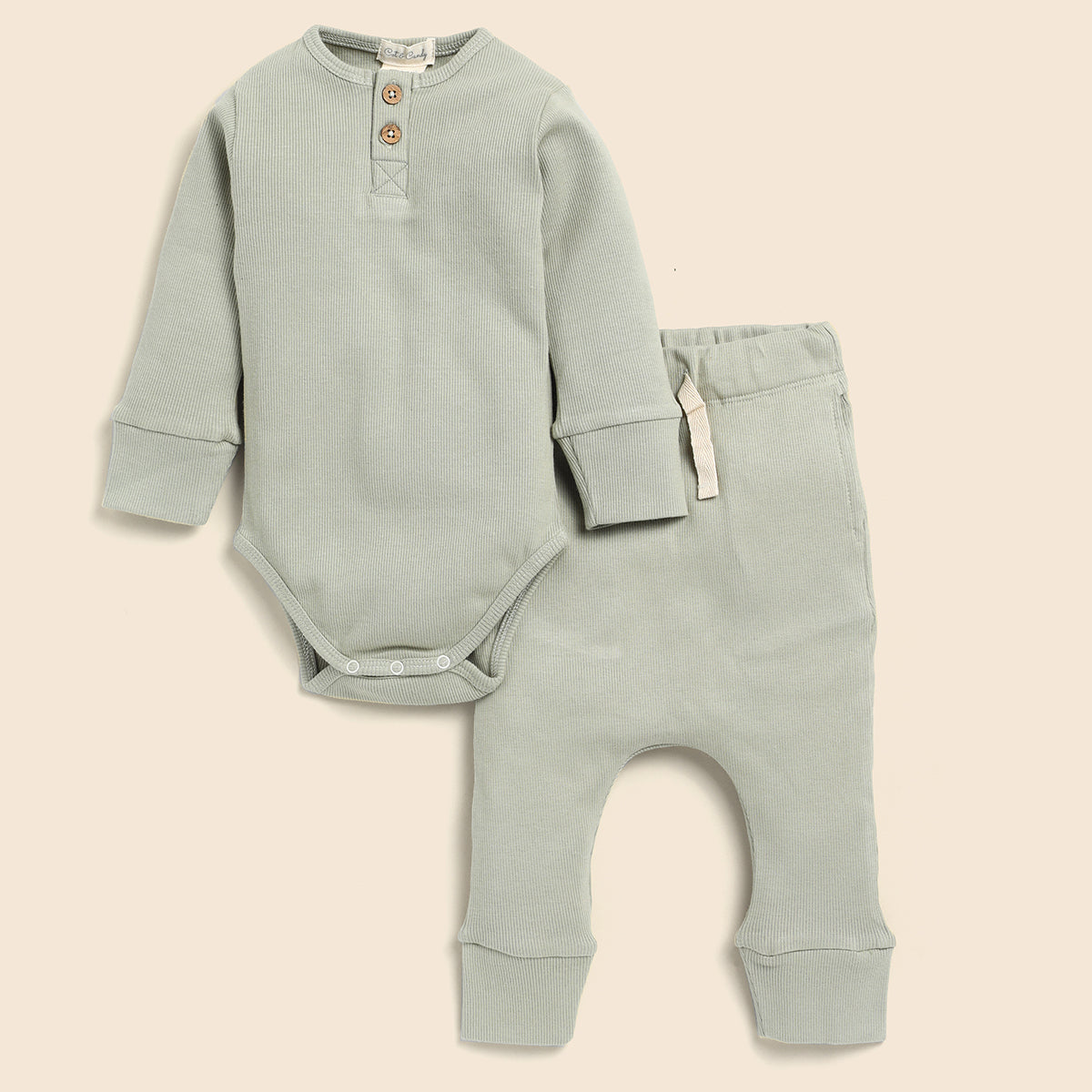 Organic Cotton Baby Clothes Set | Bodysuit with Pants | Mittens & Booties | Headband | Sage Green