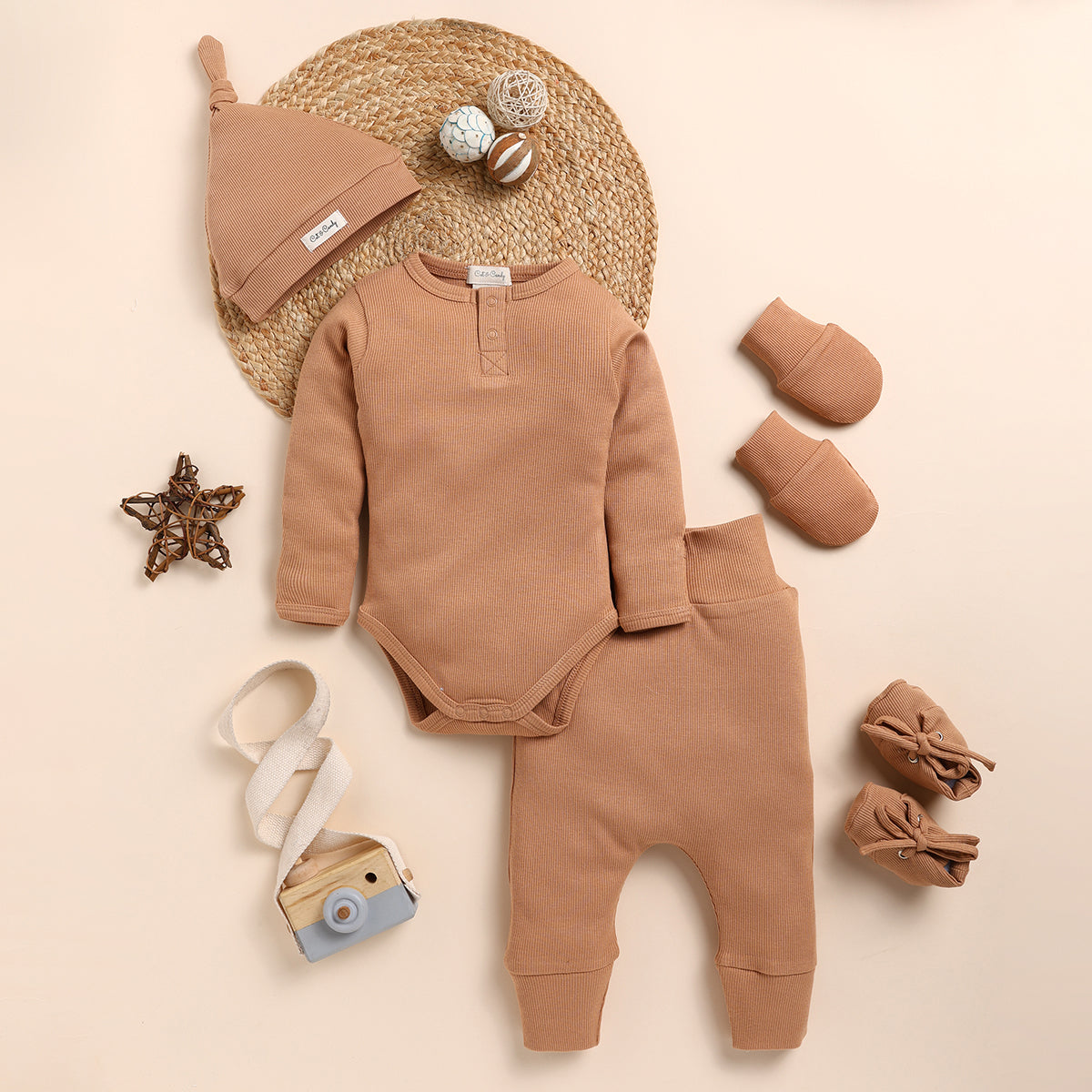 Organic Cotton Baby Clothes Set | Bodysuit with Pants | Cap Mitten Headband Set | Camel Brown