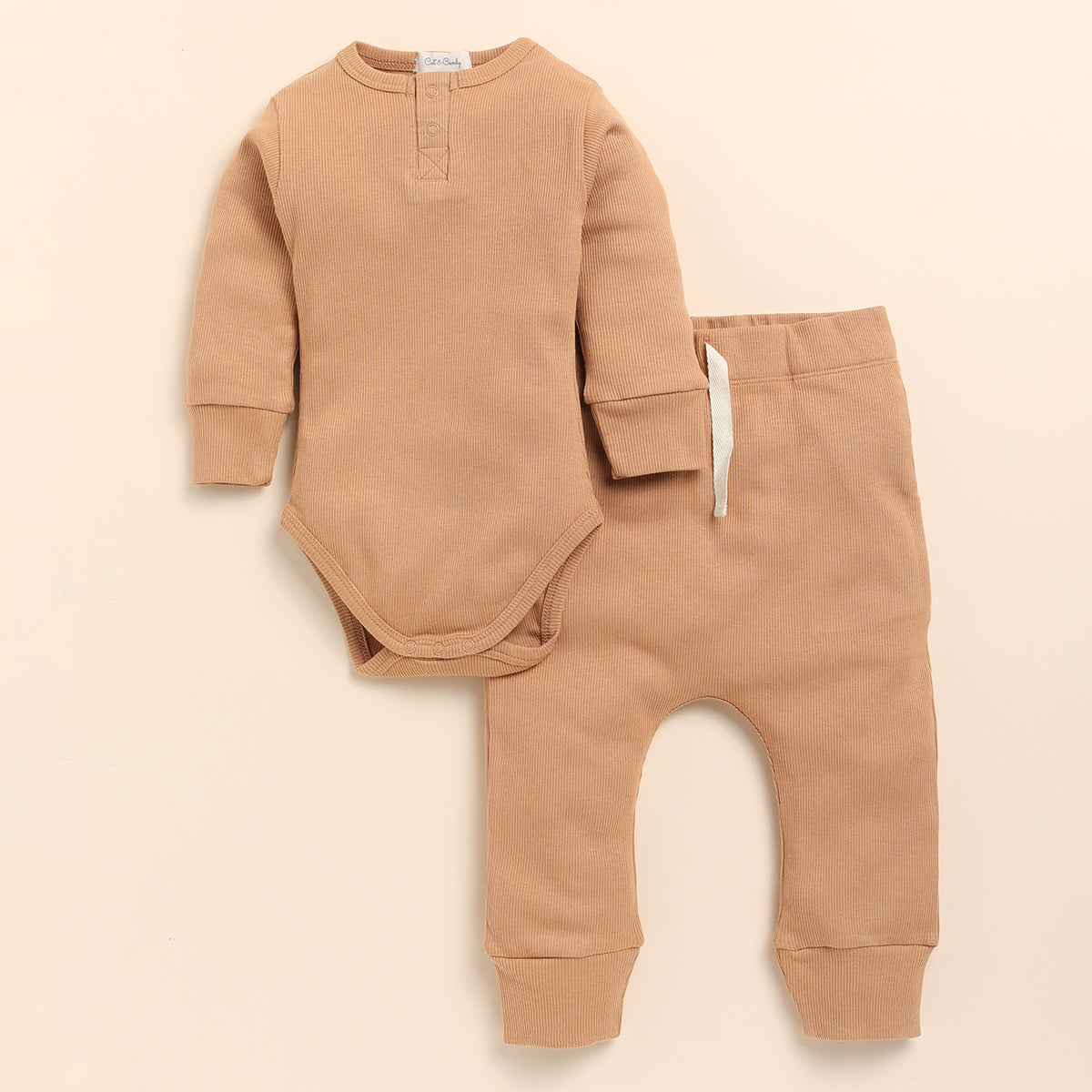 Organic Cotton Baby Clothes Set | Bodysuit with Pants | Cap Mitten Headband Set | Camel Brown