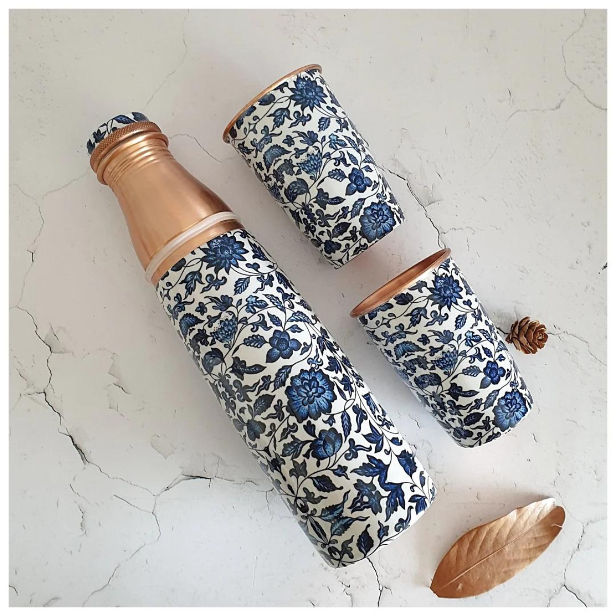 Copper Bottle Set with 2 Glasses, Indigo Blue
