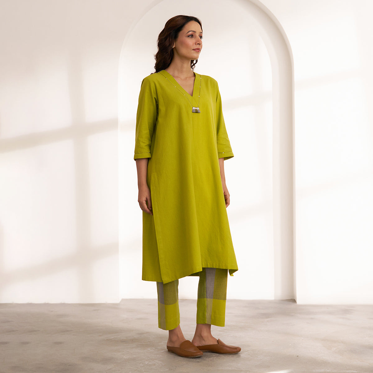 Lime Handwoven Cotton & Check Kurta