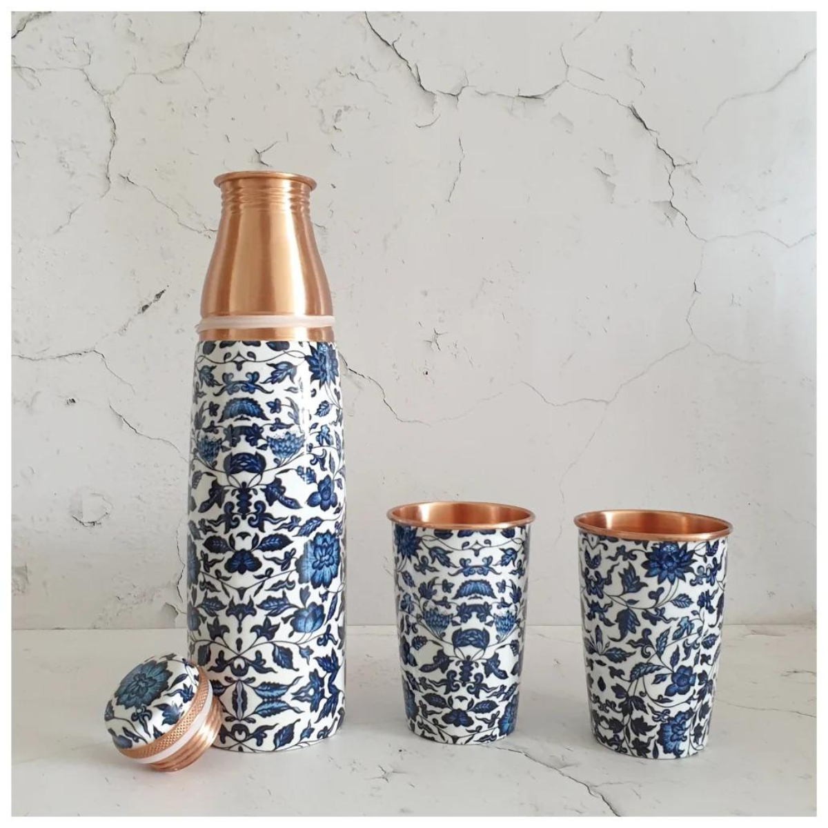 Copper Bottle Set with 2 Glasses, Indigo Blue