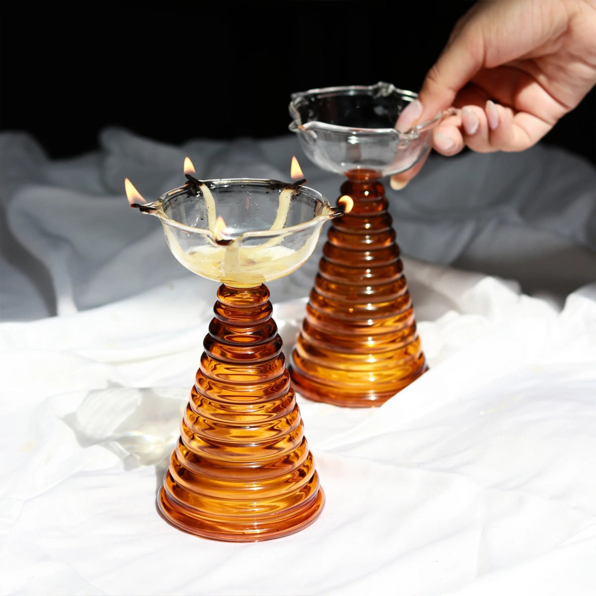 Tall Glass Diya Amber